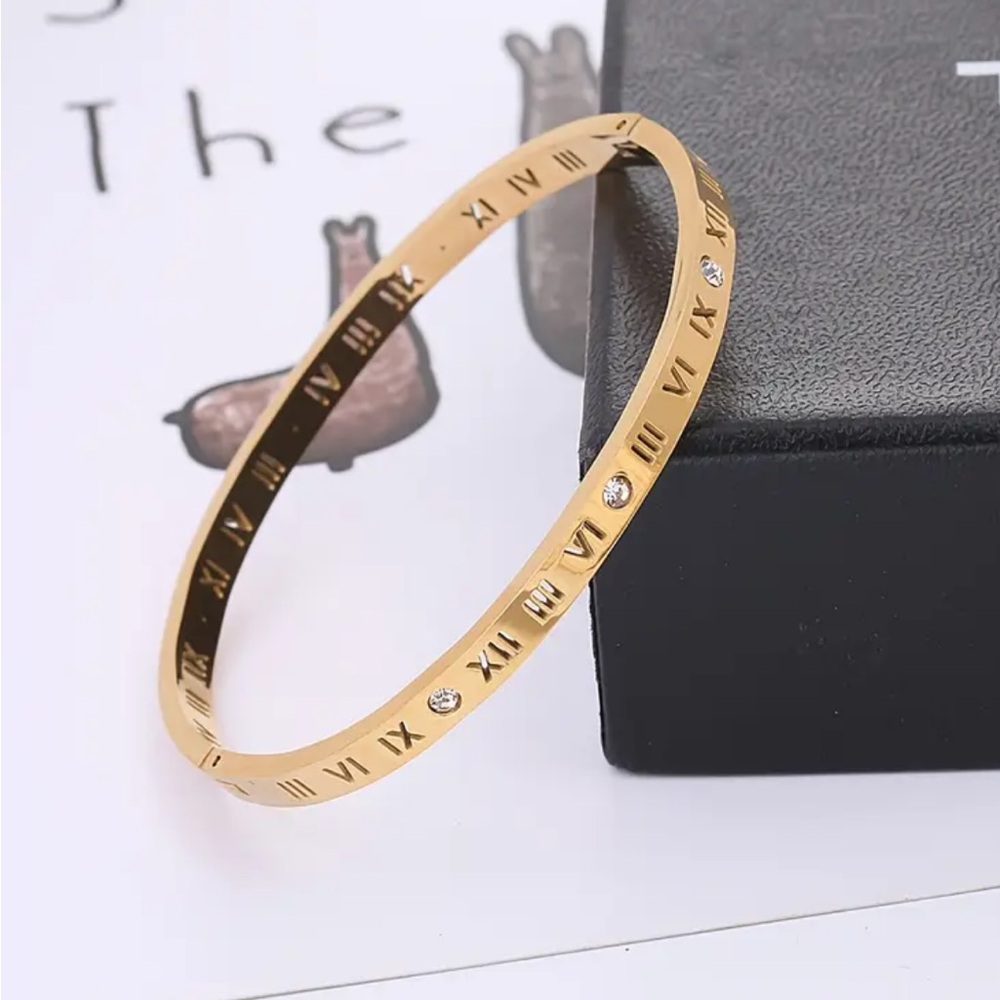 Gold Roman Numeral Bangle Bracelet With Stone